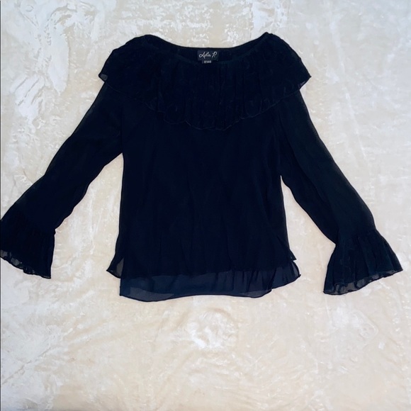 Lola P. Tops - Elegant Black Ruffled Women's Top Rayon